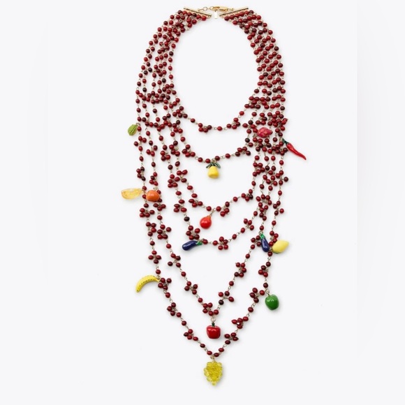 Zara Fruit Maroon Bead Waterfall Necklace Bohemian Vacation Tropical Resortwear‎